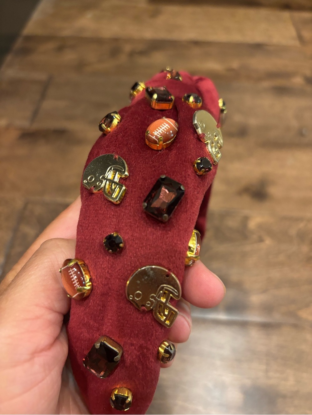 Brianna Cannon Embellished Burgundy Headband with Football and Jewel Accents